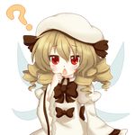  ? aki_chimaki blonde_hair blush brown_hair chestnut_mouth drill_hair fairy_wings hat highres long_hair luna_child open_mouth red_eyes solo touhou transparent_background wings 