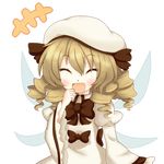  aki_chimaki blonde_hair blush brown_hair drill_hair fairy_wings hat highres laughing long_hair luna_child open_mouth smile solo touhou transparent_background wings 