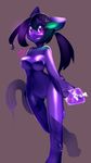  big_eyes black_nose blush breasts cat feline female hair holding jelly kanel looking_at_viewer mammal nipples nude purple_body purple_eyes purple_hair shiny simple_background slime smile solo standing tongue translucent 