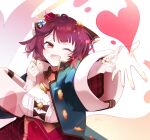  1girl ;d atelier_(series) atelier_sophie_2 blue_coat brown_eyes coat collared_coat commentary_request flower hair_flower hair_ornament hands_up heart highres kino_te long_sleeves looking_at_viewer one_eye_closed open_mouth outstretched_arm red_flower red_hair red_rose red_skirt rose short_hair skirt smile solo sophie_neuenmuller upper_body 