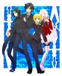  3girls artoria_pendragon_(all) bad_id bad_pixiv_id black_eyes black_hair blonde_hair emiya_kiritsugu fate/zero fate_(series) formal green_eyes green_hair hisau_maiya irisviel_von_einzbern long_hair multiple_girls necktie pant_suit riko2014 saber short_hair suit white_hair 