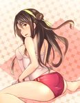  ass blush breasts brown_eyes brown_hair buruma camisole chemise hairband half_updo idolmaster idolmaster_cinderella_girls long_hair looking_back medium_breasts one_side_up open_mouth see-through shibuya_susano shimamura_uzuki shirt_removed sitting solo strap_gap wariza 