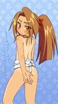  1girl bare_shoulders blue_background brown_eyes brown_hair fundoshi long_hair open_mouth panties ponytail ribbon suzu_fujibayashi tales_of_(series) tales_of_phantasia underwear 