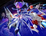  aqua_eyes arrowhead_(r-type) darius elbow_gloves exelica force_(r-type) gloves gradius mecha_musume one-piece_swimsuit open_mouth outstretched_arms personification purple_hair r-type school_swimsuit short_hair silver_hawk smile solo space space_craft spread_arms swimsuit swimsuit_costume trigger_heart_exelica vic_viper white_school_swimsuit white_swimsuit xanado 