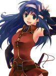  :d bare_shoulders belt blue_eyes blue_hair fire_emblem fire_emblem:_akatsuki_no_megami fire_emblem:_souen_no_kiseki gloves green_eyes hairband harushino long_hair open_mouth smile sword wayu_(fire_emblem) weapon white_hairband 