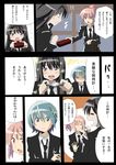  akemi_homura comic formal highres kaname_madoka long_hair mahou_shoujo_madoka_magica miki_sayaka multiple_girls okuba short_hair suit translated watch 