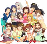  ahoge akizuki_ritsuko amami_haruka annindoufu_(oicon) aqua_eyes bangs black_hair blonde_hair blue_hair blunt_bangs boots bow breasts brown_eyes brown_hair cleavage denim dress drill_hair flat_chest futami_ami futami_mami ganaha_hibiki glasses green_eyes hagiwara_yukiho hairband highres holding_hands hoshii_miki idolmaster idolmaster_(classic) jacket jeans kikuchi_makoto kisaragi_chihaya long_hair long_sleeves medium_breasts minase_iori miura_azusa multiple_girls no_socks official_art one_eye_closed open_mouth outstretched_arm pants pink_eyes plaid pointing ribbon shijou_takane short_hair shorts siblings sitting skirt sleeves_pushed_up small_breasts source_request takatsuki_yayoi twin_drills twins twintails white_background 