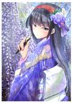  black_hair blush fingernails floral_print flower hair_flower hair_ornament hairband japanese_clothes kimono kyougoku_touya looking_back nail_polish obi oriental_umbrella original parted_lips profile purple purple_eyes sash solo umbrella wisteria 