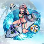  1girl ahoge arm_up bikini black_shorts blurry blurry_background breasts cleavage commentary_request da-kuro from_above full_body green_bikini grey_hair hair_between_eyes hair_ornament innertube laevateinn_(phantom_of_the_kill) long_hair looking_at_viewer medium_breasts navel official_alternate_costume official_art on_innertube orange_innertube phantom_of_the_kill red_eyes second-party_source short_shorts shorts sitting smile surfboard swim_ring swimsuit two-tone_innertube very_long_hair water wet wet_hair white_innertube 