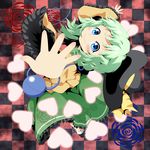  blue_eyes blue_flower blue_rose blush bow checkered checkered_background danmaku eyeball flower green_hair hat hat_removed headwear_removed heart heart_of_string komeiji_koishi red_flower red_rose rose short_hair silane skirt smile solo sun_hat third_eye touhou 