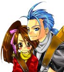  1boy 1girl blue_eyes blue_hair blush brown_eyes brown_hair chester_barklight long_hair ponytail scarf suzu_fujibayashi sword tales_of_(series) tales_of_phantasia weapon 