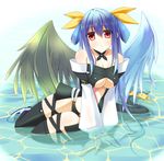  asymmetrical_wings bare_shoulders black_legwear blue_hair breasts dizzy guilty_gear hair_ribbon hoshi_(ho4_no) large_breasts long_hair looking_at_viewer red_eyes ribbon solo thighhighs twintails underboob water wings 