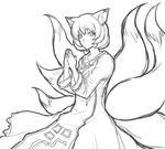  animal_ears blush fox_ears fox_tail greyscale hands_together highres kuro_suto_sukii monochrome multiple_tails no_hat no_headwear own_hands_together short_hair sketch smile solo tail touhou yakumo_ran 