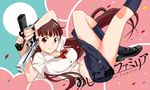  ashita_no_familia brown_hair desert_eagle dual_wielding glock gun handgun higuchi_akihiko holding long_hair lying midriff navel official_art pistol school_uniform smile solo weapon 