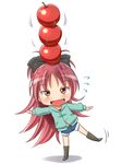  apple balancing_on_head blush bow chibi fangs food food_on_head fruit full_body hair_bow long_hair mahou_shoujo_madoka_magica object_on_head open_mouth outstretched_arms red_eyes red_hair sakura_kyouko shikuta_maru shirt shorts smile solo standing standing_on_one_leg 