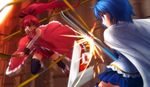  bare_shoulders battle blood blue_eyes blue_hair blurry boots bow cape chain clash clenched_teeth duel highres long_hair magical_girl mahou_shoujo_madoka_magica miki_sayaka multiple_girls mutsuki_(moonknives) polearm ponytail red_eyes red_hair sakura_kyouko short_hair skirt spear sword teeth weapon 