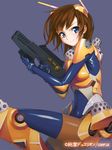  armor assault_rifle blue_eyes bodysuit bracer breastplate brown_hair closed_mouth copyright_name covered_navel elbow_pads faulds from_side gloves greaves gun holding holding_gun holding_weapon junketsu_duelion leg_up looking_at_viewer mecha_musume miyagawa_karen official_art orange_bodysuit rifle shiny shiny_clothes short_hair shoulder_pads simple_background skin_tight smile solo translated trigger_discipline weapon yangsion yellow_armor 