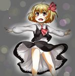  ahoge ascot blonde_hair blush child fang hair_ribbon heart heart-shaped_pupils highres mepikari open_mouth outstretched_arms panties red_eyes ribbon rumia shirt short_hair skirt skirt_lift skirt_set solo spread_arms symbol-shaped_pupils touhou underwear vest white_panties 