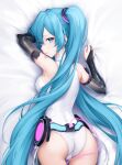  1girl arm_tattoo armpits bed_sheet blue_eyes blue_hair breasts closed_mouth commentary english_commentary hair_between_eyes hatsune_miku hatsune_miku_(append) highres leotard lips looking_at_viewer looking_back mei_(ponponmei) number_tattoo solo tattoo twintails vocaloid vocaloid_append white_leotard 