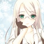  aqua_eyes blonde_hair breasts cleavage glasses gloves hand_on_own_cheek inu_x_boku_ss long_hair looking_at_viewer okahara_megu small_breasts smile snowflakes solo yukinokouji_nobara 