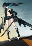  1girl barcode barcode_tattoo baronilu belt black_choker black_footwear black_hair black_jacket black_rock_shooter black_rock_shooter_(character) black_rock_shooter_(game) black_shorts boots choker flaming_eye highres jacket long_hair mechanical_wings no_shirt open_clothes open_jacket shorts solo stella_(black_rock_shooter) sword tattoo twintails uneven_twintails weapon wings 