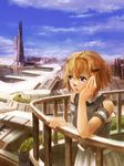  arm_cuffs balcony blush_stickers brown_eyes brown_hair building chin_rest cloud day dock hair_ornament hairclip hand_on_own_face harbor highres open_mouth original plant pleated_skirt railing rana7 sad scenery short_hair skirt sky sleeveless solo tower 