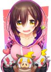  1girl absurdres black_gloves blush breasts brown_hair cat_paws cleavage collarbone commentary gloves hair_between_eyes highres hood hoodie kuromaru9 looking_at_viewer open_mouth paw_print paws pig pink_hoodie roboco-san roboco_ch. robot short_hair smile virtual_youtuber yellow_eyes 