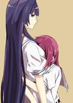  a1iou between_breasts breasts hirose_sumire hug long_hair miyanaga_teru multiple_girls pink_hair purple_hair saki shiraitodai_school_uniform short_hair yuri 