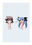  :d blue_hair blush brown_hair chibi closed_eyes drinking fang hakkai highres long_hair lyrical_nanoha mahou_shoujo_lyrical_nanoha mahou_shoujo_lyrical_nanoha_a's mahou_shoujo_lyrical_nanoha_a's_portable:_the_battle_of_aces material-l material-s milk multiple_girls naked_towel open_mouth polka_dot polka_dot_background short_hair smile towel twintails 