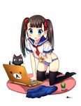  :&lt; bad_id bad_pixiv_id black_cat black_hair black_legwear blue_eyes cable cactus cat character_request computer copyright_request hair_ribbon highres holding laptop long_hair mat mouse_(computer) open_mouth panties plant potted_plant ribbon school_uniform serafuku simple_background skirt skirt_removed solo striped striped_panties thighhighs twintails underwear usagihime white_background 