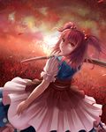  bad_id bad_pixiv_id belt cloud dutch_angle eyelashes flower from_behind frown hair_bobbles hair_ornament lips looking_at_viewer looking_back noe_noel onozuka_komachi open_hand pink_hair red_eyes scythe short_sleeves skirt sky solo spider_lily touhou two_side_up vest wind 