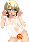  arms_up atahuta black_hair blonde_hair blue_eyes blush breasts censored erica_hartmann looking_at_viewer multicolored_hair nipples novelty_censor open_mouth pose see-through shirt small_breasts solo strike_witches two-tone_hair wet wet_clothes wet_shirt world_witches_series 