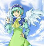  1girl aqua_hair cloud dress frills green_eyes hairband luminous_arc luminous_arc_2 open_mouth sadie short_hair sky wings 