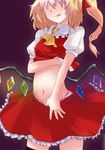  ascot flandre_scarlet groin licking_lips midriff mori_shin_risuku navel panties panty_pull shaded_face shirt_lift side_ponytail skirt skirt_pull solo thighhighs tongue tongue_out touhou underwear wings 