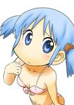  bikini blue_eyes blue_hair blush front-tie_top highres naganohara_mio navel nichijou satoda_shouji short_hair strap_pull swimsuit twintails 