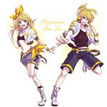  1girl blonde_hair blue_eyes boots brother_and_sister hair_ornament hair_ribbon hairclip kagamine_len kagamine_rin looking_at_viewer midriff navel open_mouth ribbon short_hair siblings simple_background smile twins vocaloid yamako_(state_of_children) 