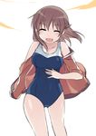  :d bad_id bad_pixiv_id blush breasts brown_hair closed_eyes competition_swimsuit jacket kyouno_madoka medium_breasts mizuki_(koko_lost) one-piece_swimsuit open_mouth rinne_no_lagrange sleeves_rolled_up smile solo swimsuit swimsuit_under_clothes track_jacket 