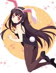  animal_ears ass bare_shoulders black_hair bow bowtie breasts brown_hair brown_legwear bunny_ears bunny_girl bunny_tail bunnysuit detached_collar fake_animal_ears high_heels houraisan_kaguya leotard long_hair looking_at_viewer looking_back pantyhose red_eyes shoes small_breasts smile solo star star-shaped_pupils symbol-shaped_pupils tail touhou very_long_hair yamasan 