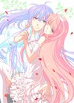  1girl banned_artist blue_eyes dress hairband kamui_gakupo long_hair looking_at_viewer megurine_luka nacht one_eye_closed petals pink_hair smile twintails vocaloid white_dress 