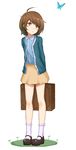 :o ahoge arms_behind_back blush bobby_socks brown_eyes brown_hair bug butterfly cardigan full_body highres insect mary_janes original purea shoes short_hair simple_background skirt socks solo standing suitcase white_background white_legwear 