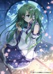  an2a blurry cherry_blossoms comb combing depth_of_field detached_sleeves frog_hair_ornament green_eyes green_hair hair_ornament hair_tubes kochiya_sanae long_hair petals round_window sitting snake_hair_ornament solo tatami touhou tree_shade window yokozuwari 