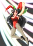  animal_ears arms_up bare_shoulders black_hair bow breasts brown_legwear bunny_ears bunny_girl bunnysuit cleavage detached_collar grey_legwear hair_bow highres jumping large_breasts long_hair open_mouth pantyhose red_eyes reiuji_utsuho ribbon sabokai smile solo touhou 