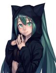  colored_eyelashes crop_top green_eyes green_hair h_kasei hands_together hatsune_miku highres hood light_smile long_hair midriff own_hands_together simple_background smile solo steepled_fingers twintails upper_body vocaloid white_background 