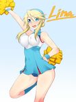  arm_up bare_shoulders blonde_hair blue_eyes bouncing_breasts breasts cameltoe character_name cheerleader covered_nipples hairband hand_on_hip heroman highres large_breasts leg_up lina_davis long_hair open_mouth pom_poms solo uniform wristband zin_(goraku_hiroba) 
