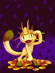  amulet_coin arm_up bad_deviantart_id bad_id cat coin commentary fangs full_body gen_1_pokemon glitchedpuppet highres holding looking_at_viewer meowth no_humans open_mouth paw_pose pokemon pokemon_(creature) purple_background signature smile solo standing 