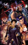  3girls artist_request blue_hair cigarette cowboy_bebop dog earth edward_wong_hau_pepelu_tivrusky_iv ein_(cowboy_bebop) faye_valentine full_moon jet_black julia_(cowboy_bebop) moon multiple_boys multiple_girls red_hair space spike_spiegel swordfish_ii vicious_(cowboy_bebop) welsh_corgi 