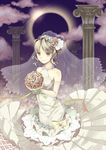  architecture bad_id bad_pixiv_id bare_shoulders blonde_hair bouquet bow cloud column dress eclipse elbow_gloves flower gloves greco-roman_architecture hair_flower hair_ornament holding jewelry necklace original pillar solar_eclipse solo unya_(unya-unya) veil wedding_dress white_gloves yellow_eyes 