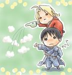  chibi edward_elric fullmetal_alchemist furamu lowres multiple_boys on_head person_on_head roy_mustang steam watering_can 