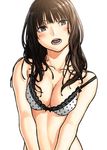  bare_shoulders bow bow_bra bra breasts brown_eyes brown_hair cleavage collarbone kawazu lace lace-trimmed_bra long_hair medium_breasts open_mouth original polka_dot polka_dot_bra simple_background solo underwear upper_body white_background 