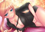  ahoge artoria_pendragon_(all) bad_id bad_pixiv_id blonde_hair bottomless breasts cleavage collarbone fate/zero fate_(series) formal green_eyes jisper2002 medium_breasts navel necktie open_clothes open_shirt ponytail saber shirt sidelocks sleeves_pushed_up solo suit 